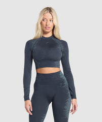 Caged Seamless Long Sleeve Crop Top - Heavy Blue/Iron Blue