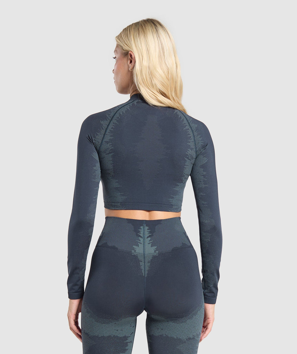 Caged Seamless Long Sleeve Crop Top - Heavy Blue/Iron Blue