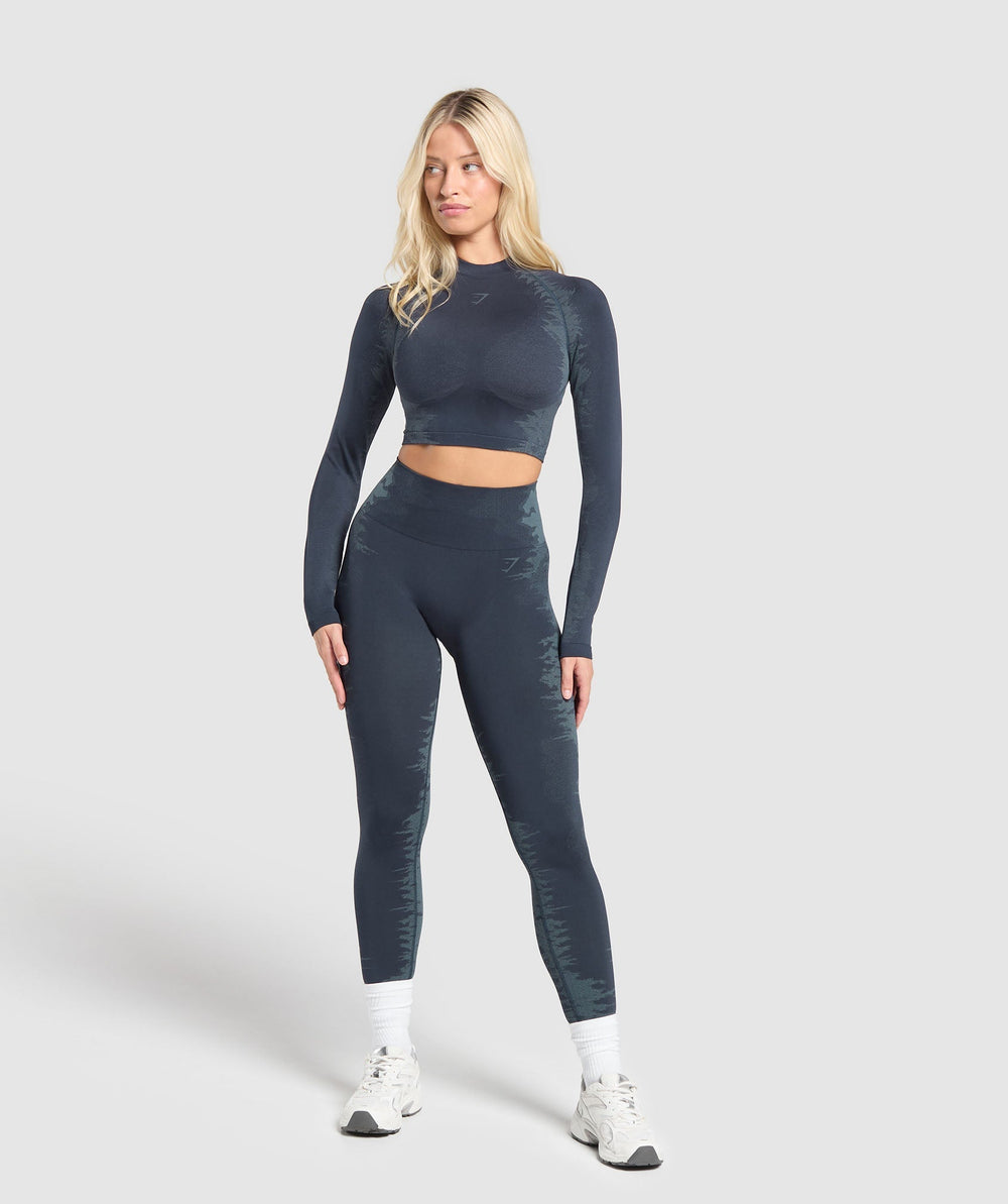 Caged Seamless Long Sleeve Crop Top - Heavy Blue/Iron Blue