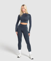 Caged Seamless Long Sleeve Crop Top - Heavy Blue/Iron Blue