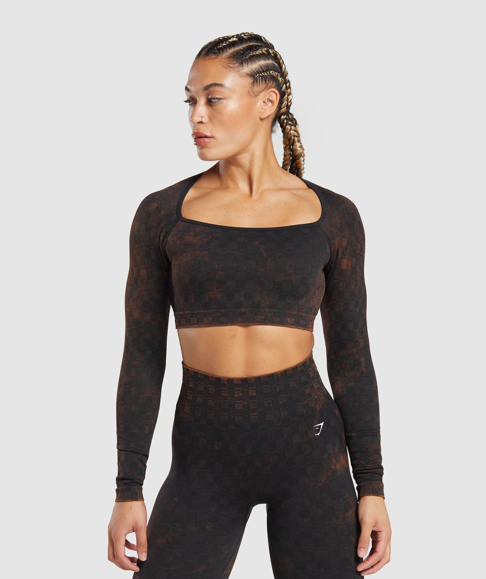 Check Seamless Washed  Long Sleeve Top - Black