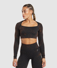 Check Seamless Washed  Long Sleeve Top - Black