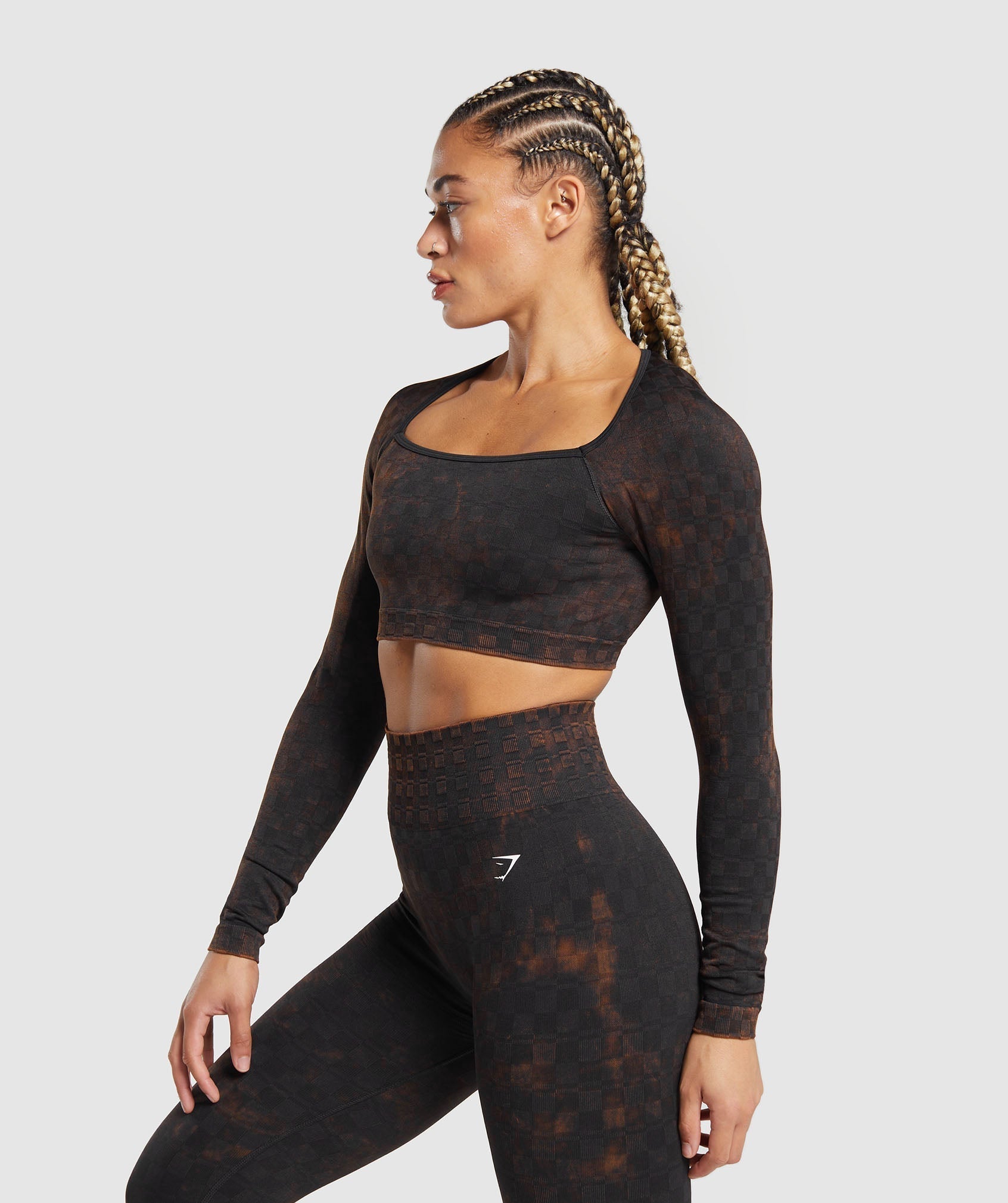 Check Seamless Washed  Long Sleeve Top - Black
