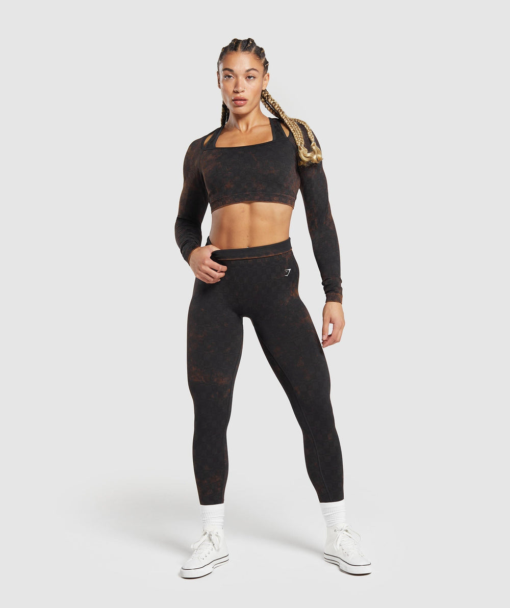 Check Seamless Washed  Long Sleeve Top - Black