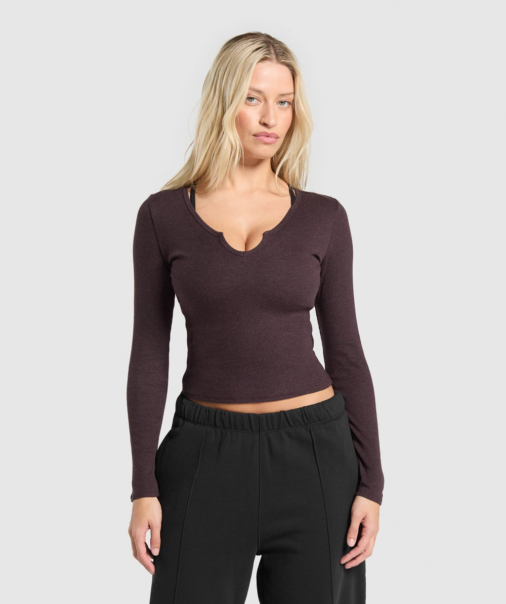 Rib Long Sleeve Top - Brown Marl
