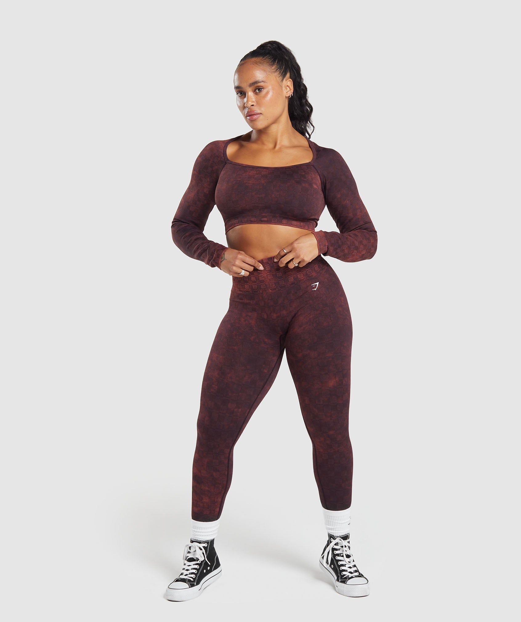 Check Seamless Washed Long Sleeve Top - Plum Brown