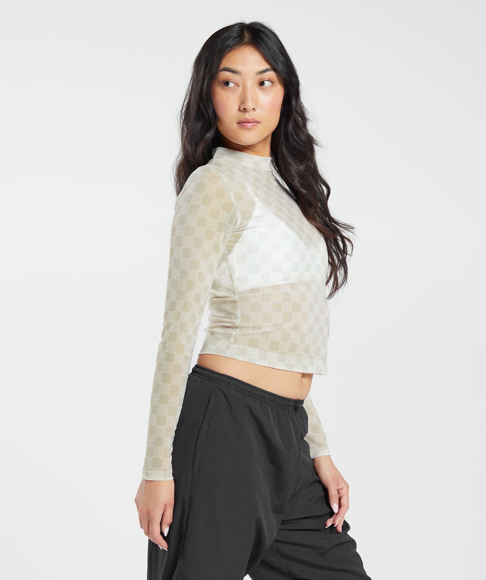 Monogram Mesh Long Sleeve Top - Vanilla White