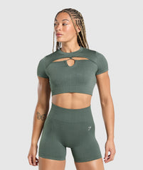 Adapt Monogram Seamless Ruched Crop Top - Slate Teal/Cargo Teal