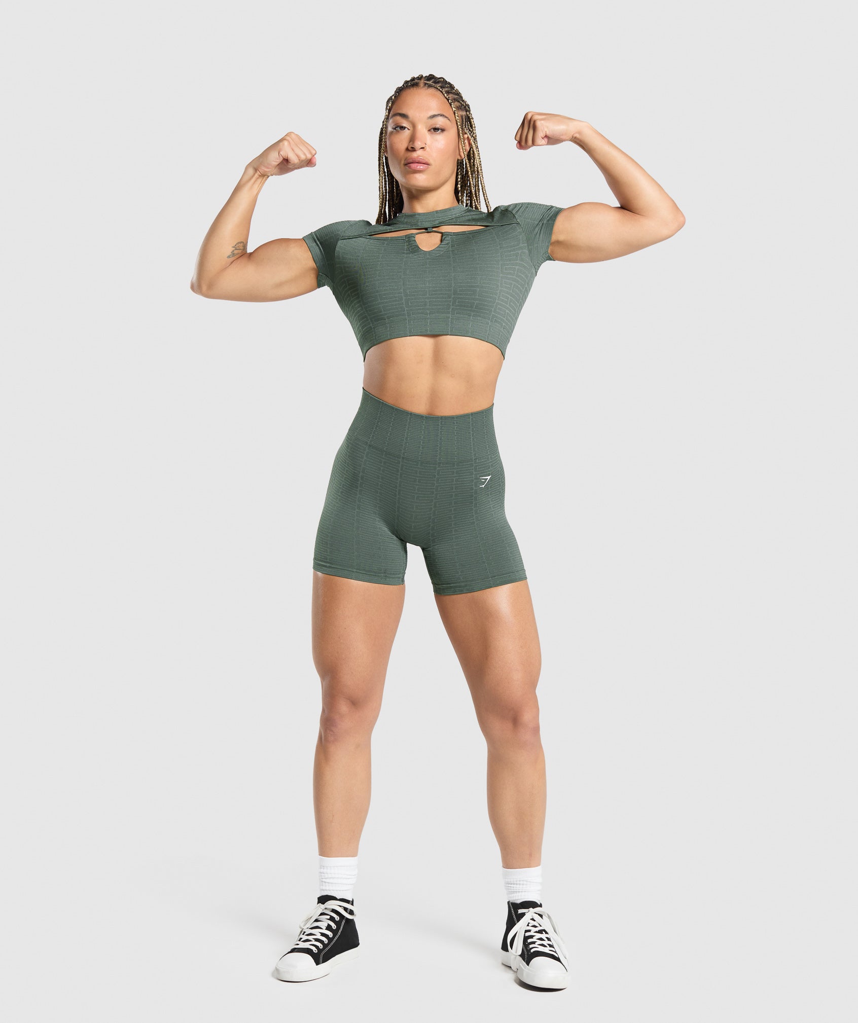Adapt Monogram Seamless Ruched Crop Top - Slate Teal/Cargo Teal