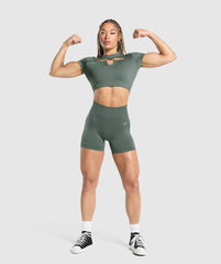 Adapt Monogram Seamless Ruched Crop Top - Slate Teal/Cargo Teal