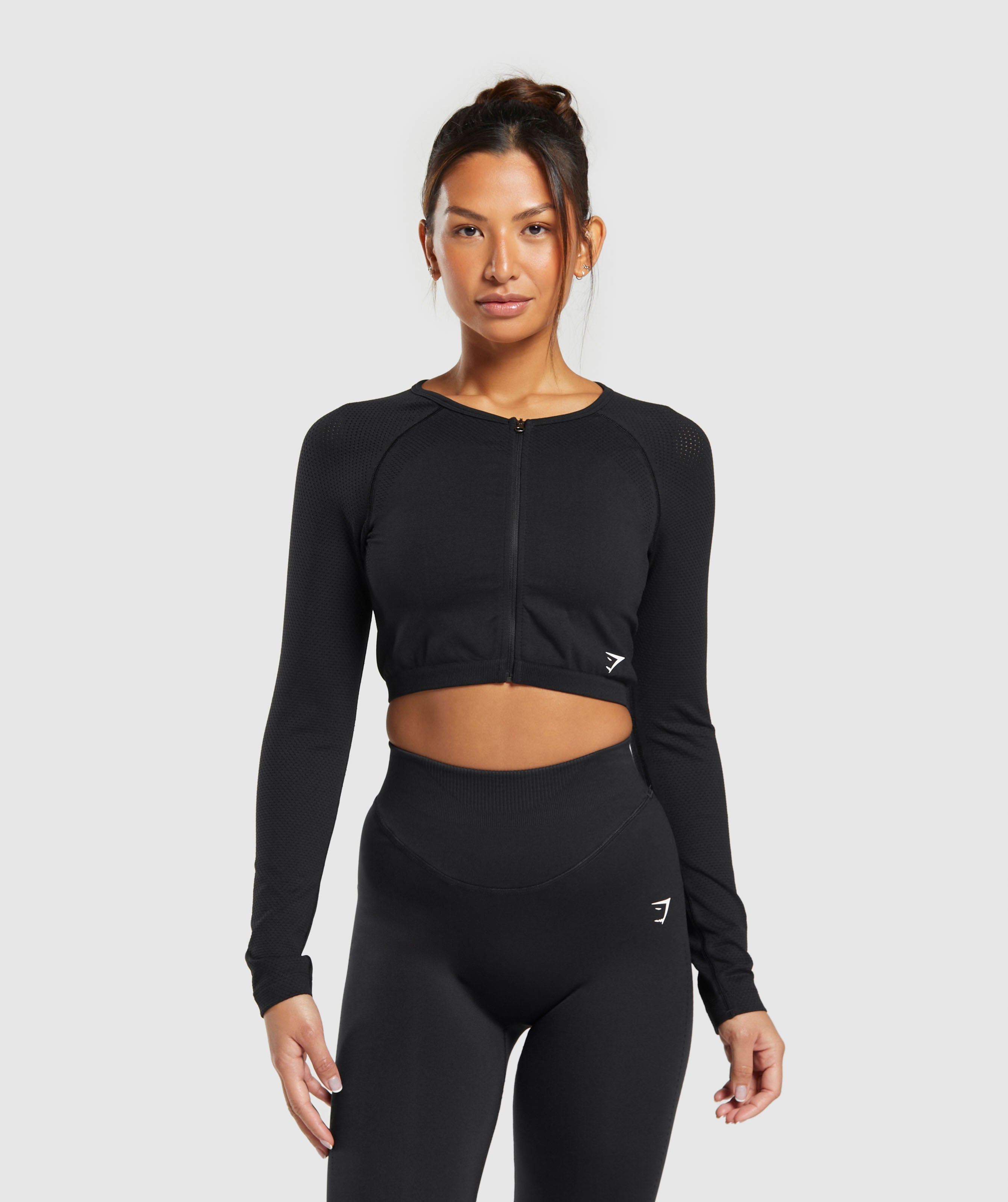 Sweat Seamless Long Sleeve Zip Crop Top - Black