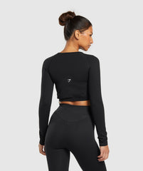 Sweat Seamless Long Sleeve Zip Crop Top - Black
