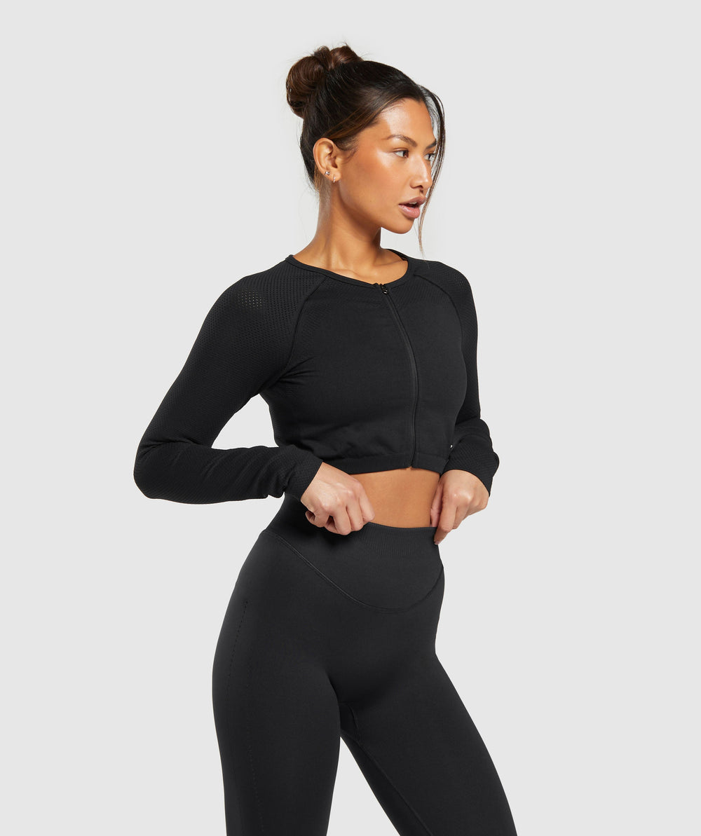 Sweat Seamless Long Sleeve Zip Crop Top - Black