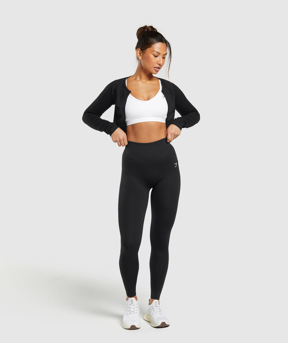 Sweat Seamless Long Sleeve Zip Crop Top - Black