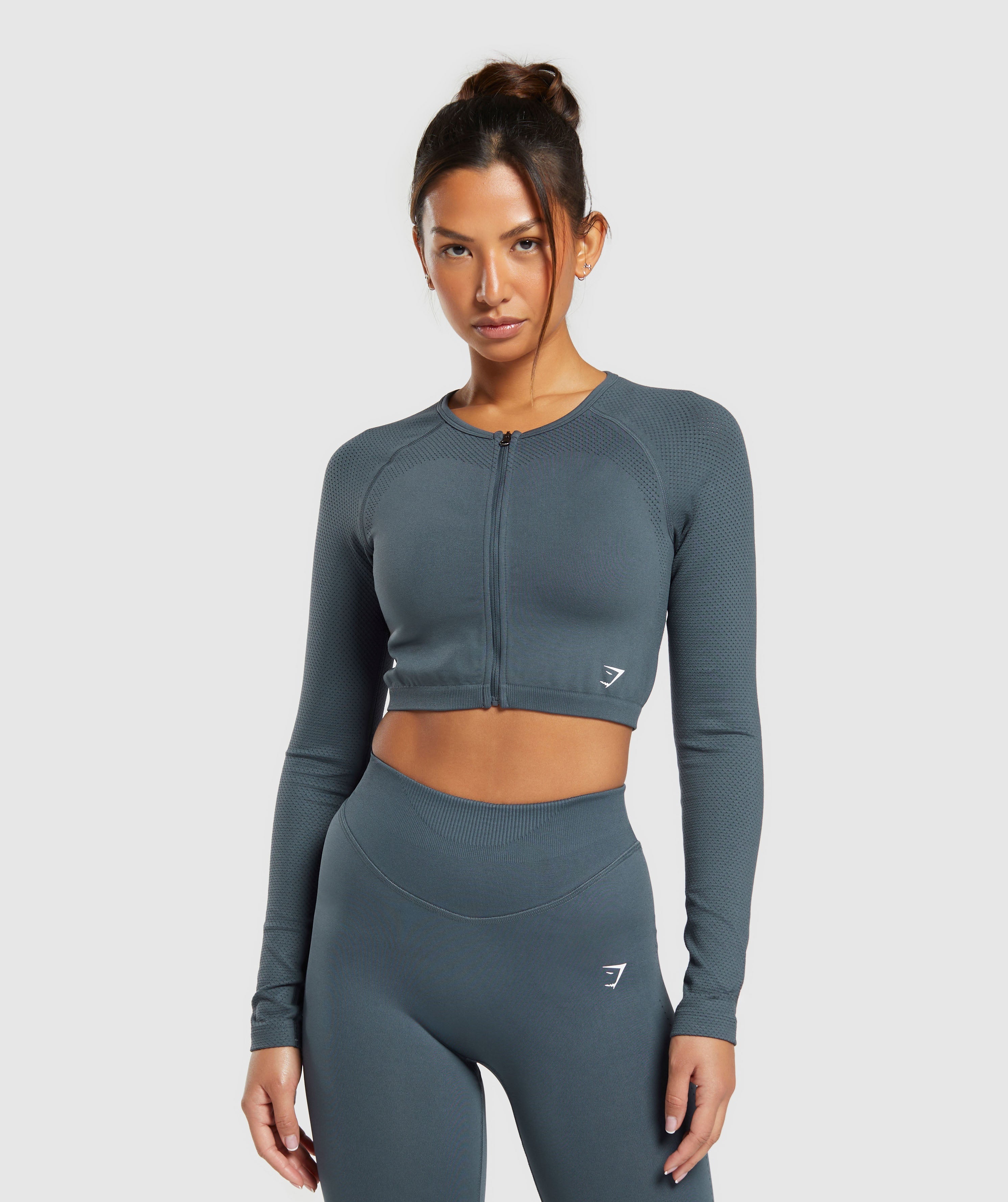 Sweat Seamless Long Sleeve Zip Crop Top - Titanium Blue