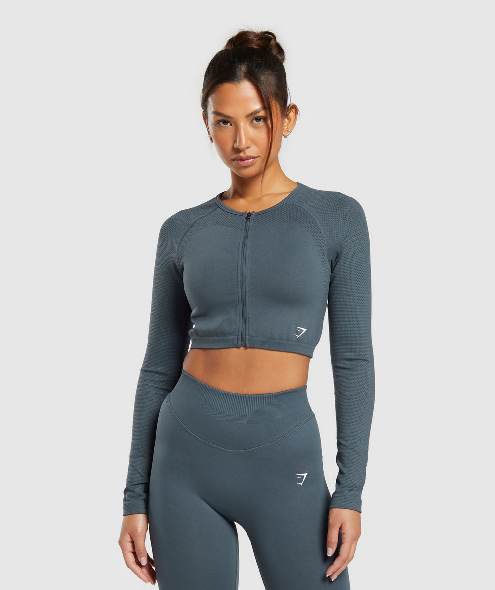 Sweat Seamless Long Sleeve Zip Crop Top - Titanium Blue