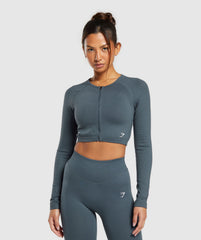 Sweat Seamless Long Sleeve Zip Crop Top - Titanium Blue