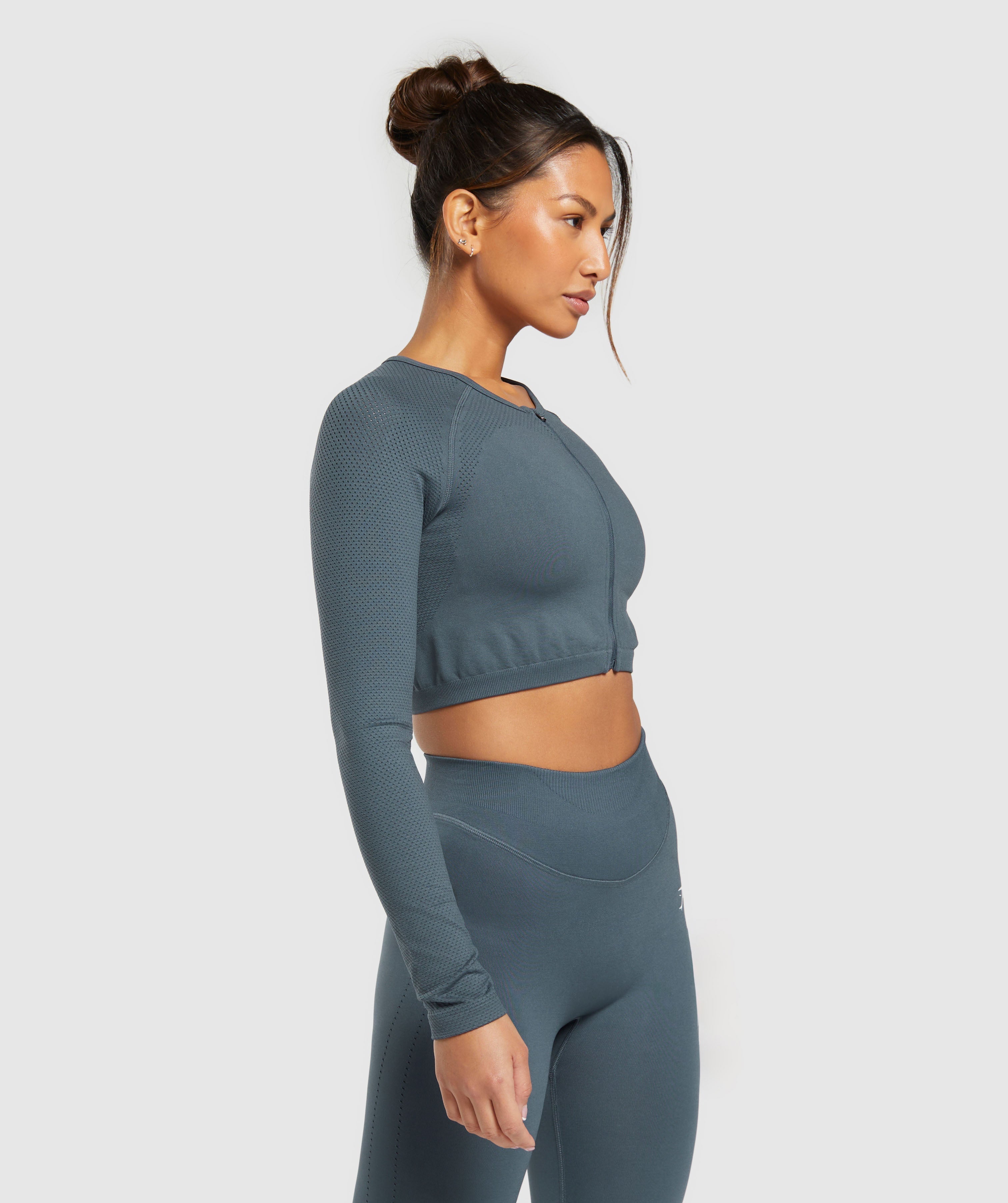 Sweat Seamless Long Sleeve Zip Crop Top - Titanium Blue