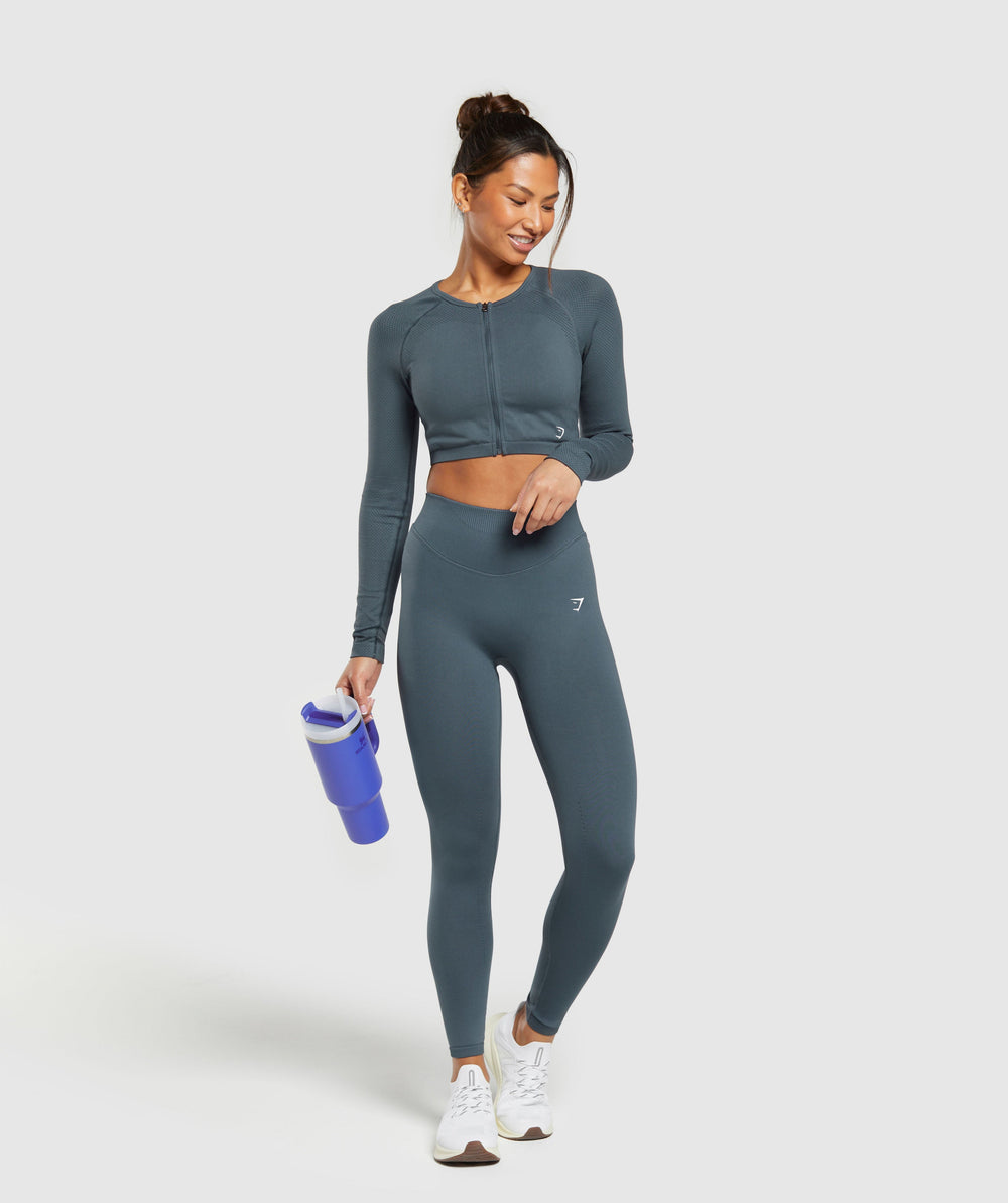 Sweat Seamless Long Sleeve Zip Crop Top - Titanium Blue
