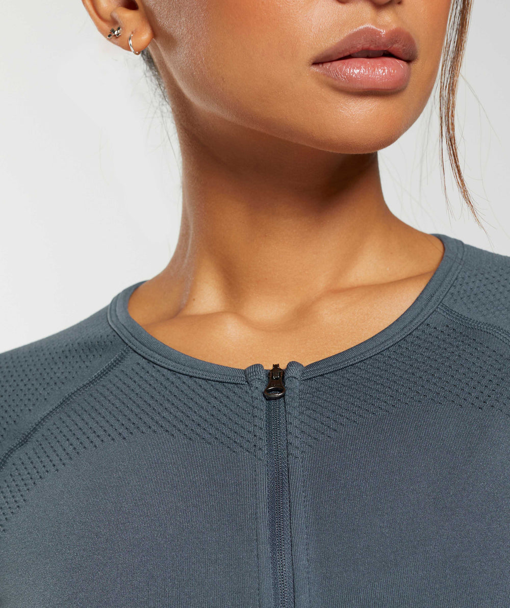 Sweat Seamless Long Sleeve Zip Crop Top - Titanium Blue
