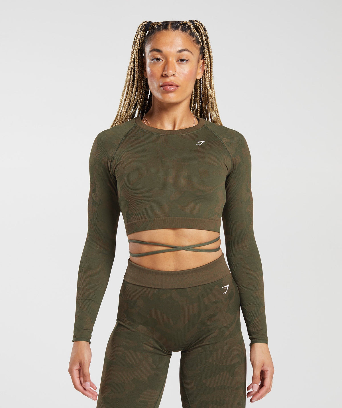 Adapt Camo Seamless Ribbed Long Sleeve Crop Top - Winter Olive/Soul Brown