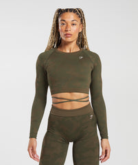 Adapt Camo Seamless Ribbed Long Sleeve Crop Top - Winter Olive/Soul Brown
