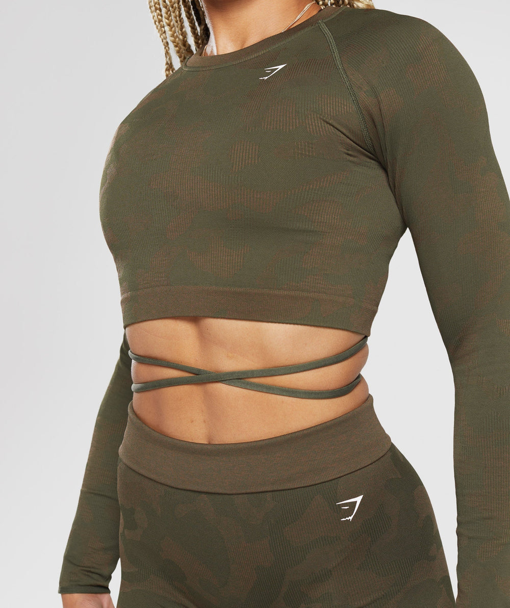 Adapt Camo Seamless Ribbed Long Sleeve Crop Top - Winter Olive/Soul Brown