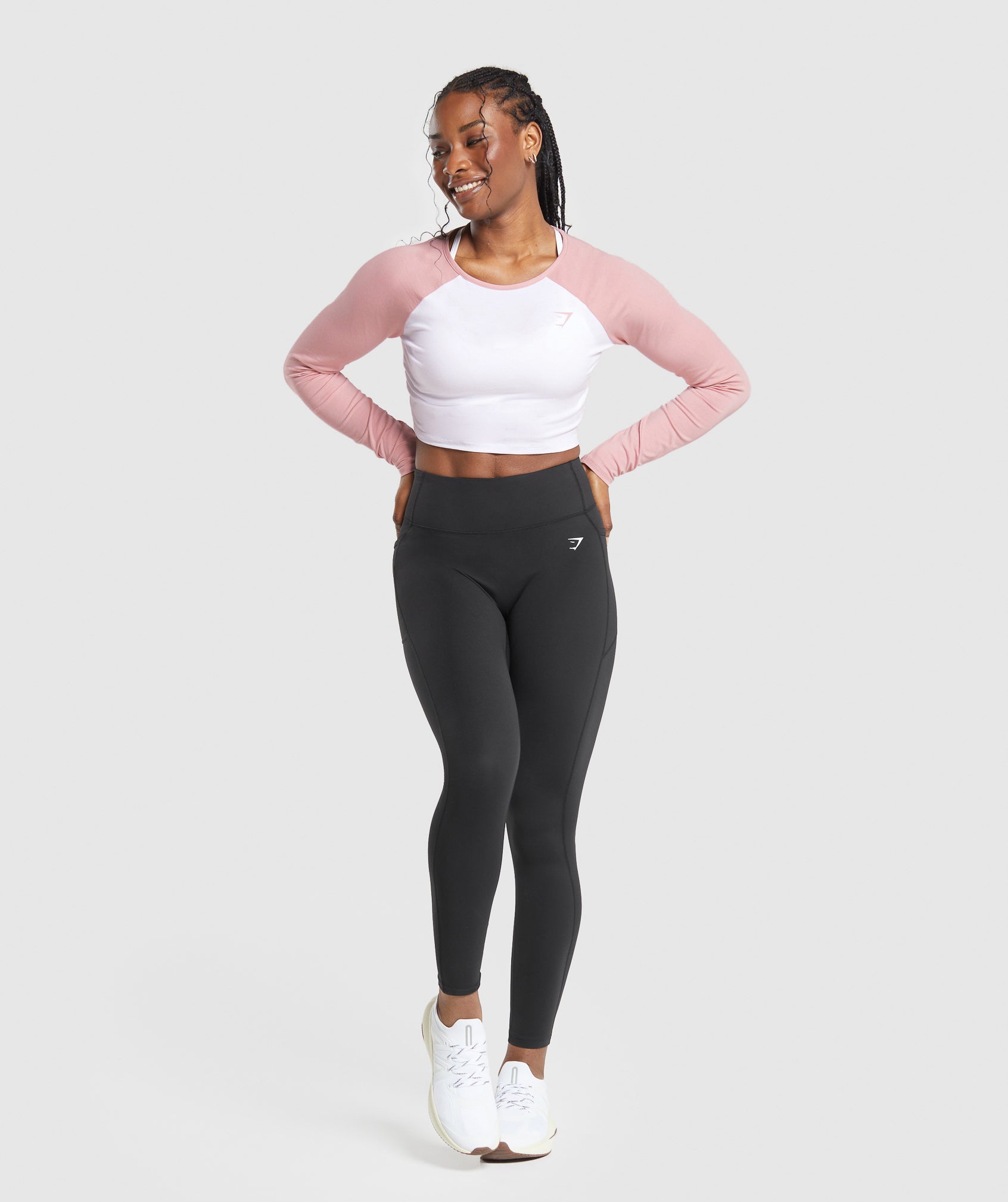 Lifting Essential Long Sleeve Crop Top - White/Light Pink