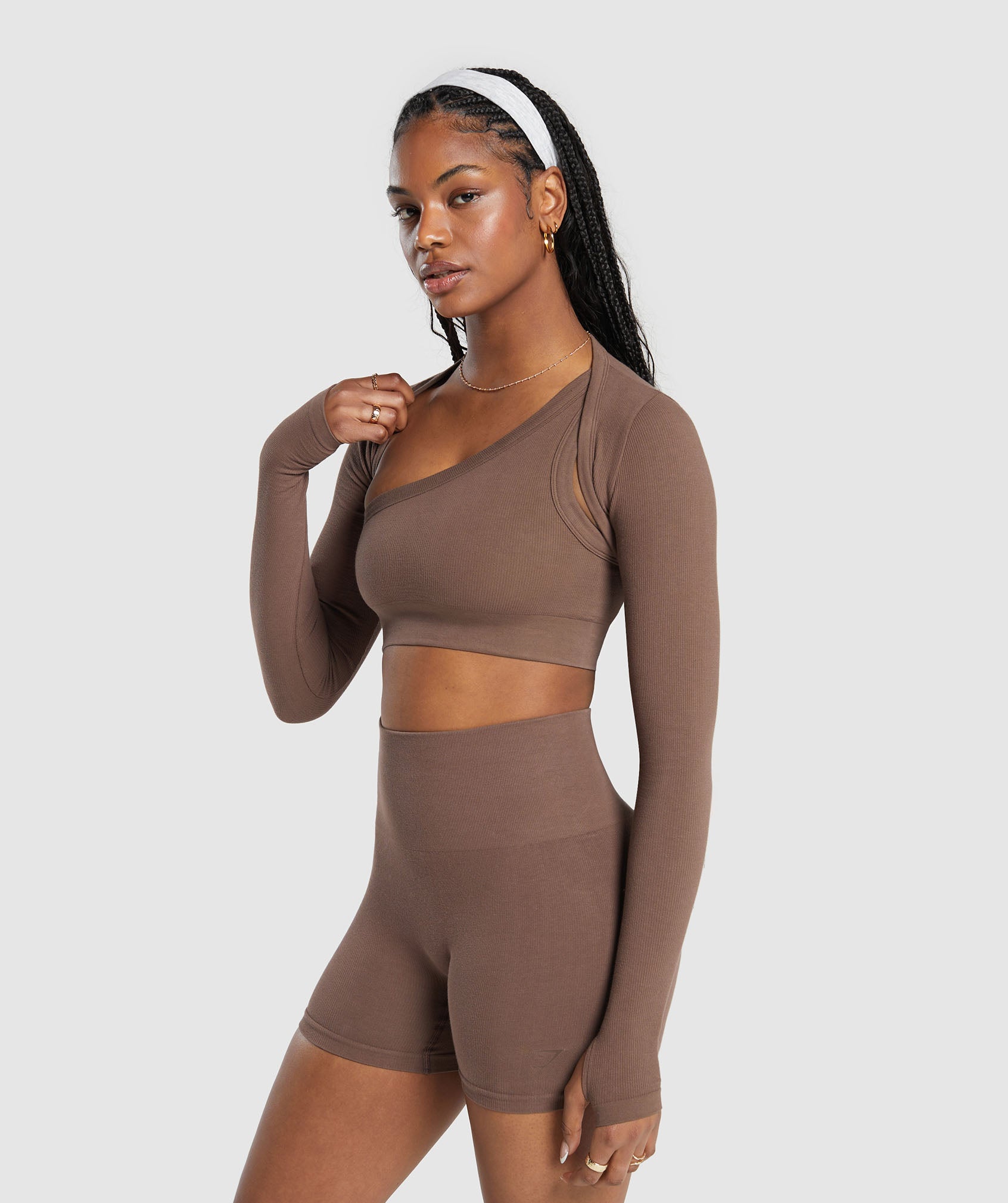 Ribbed Cotton Seamless Shrug - Soft Brown