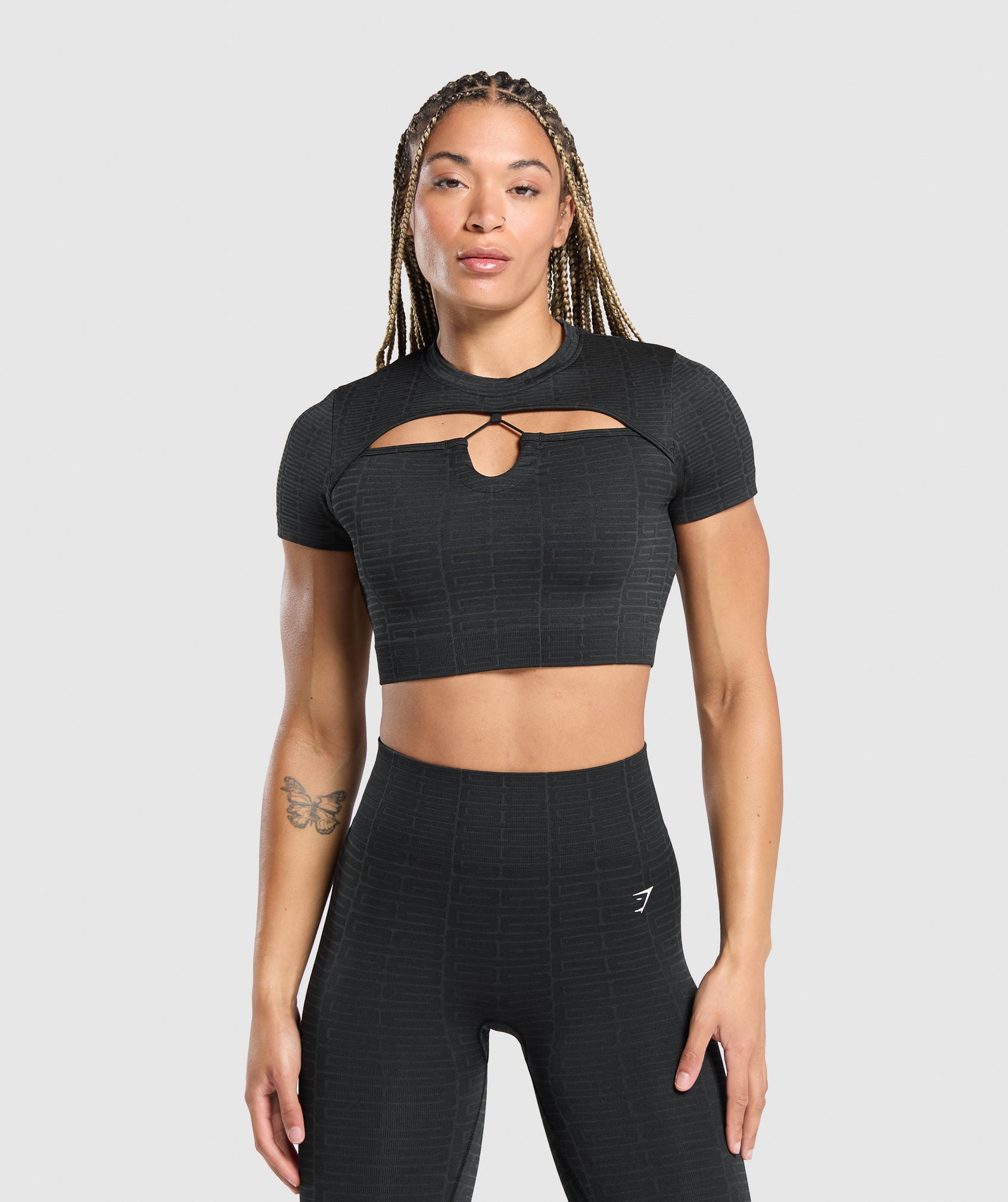 Adapt Monogram Seamless Ruched Crop Top - Black/Pitch Grey