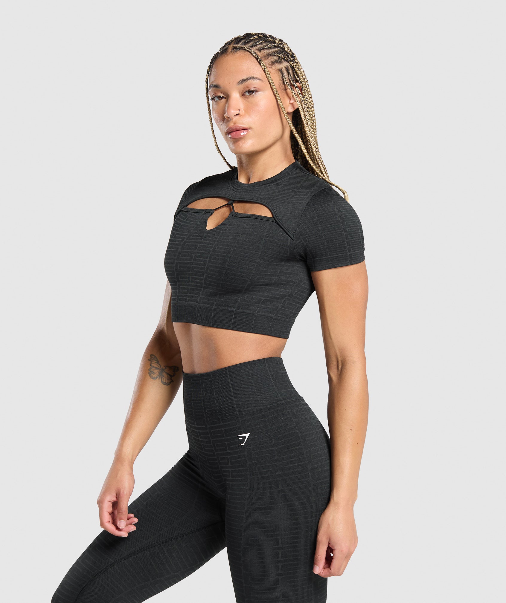 Adapt Monogram Seamless Ruched Crop Top - Black/Pitch Grey