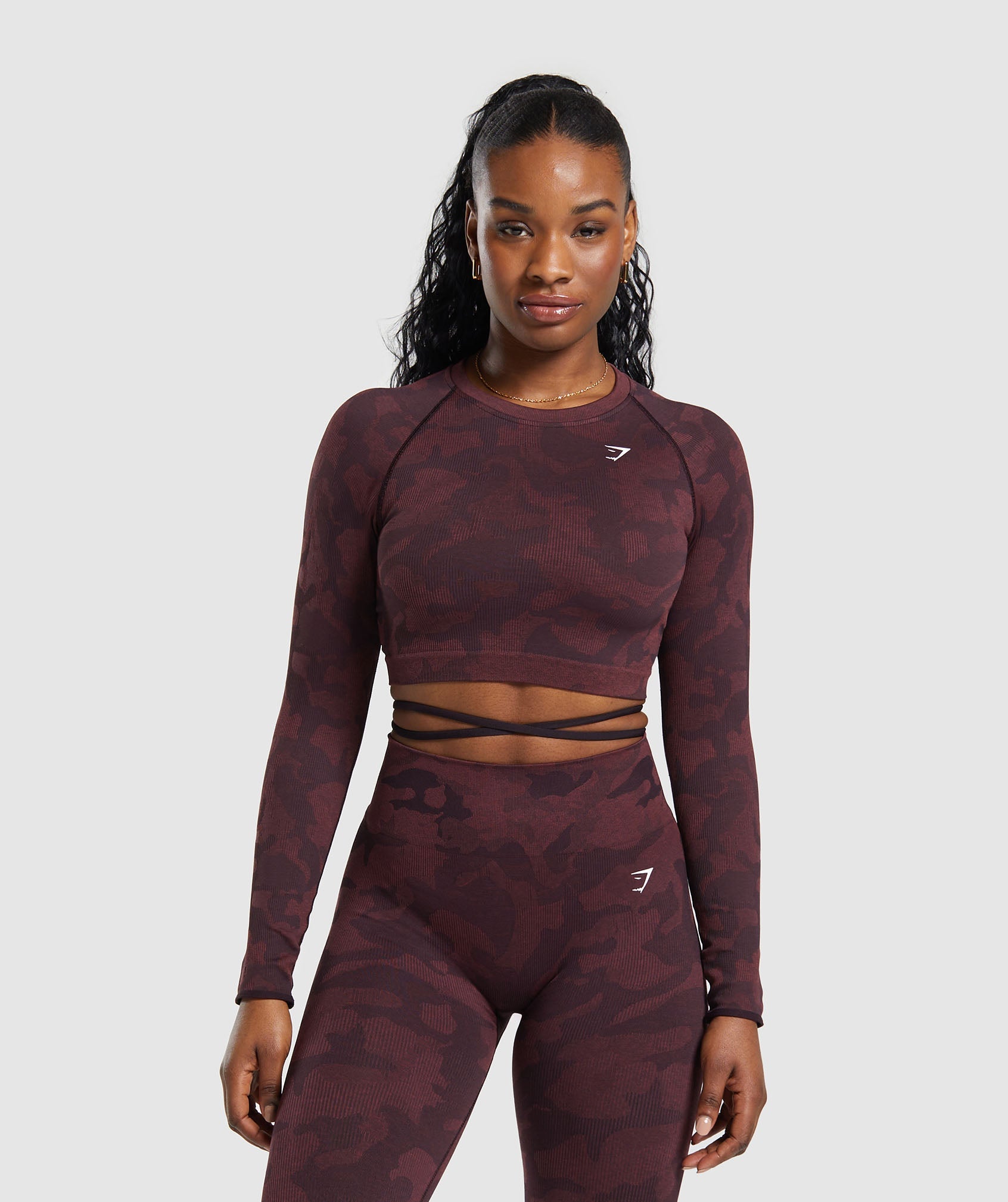 Adapt Camo Seamless Long Sleeve Crop Top - Plum Brown/Burgundy Brown