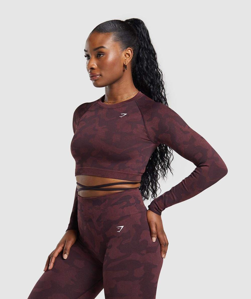 Adapt Camo Seamless Long Sleeve Crop Top - Plum Brown/Burgundy Brown