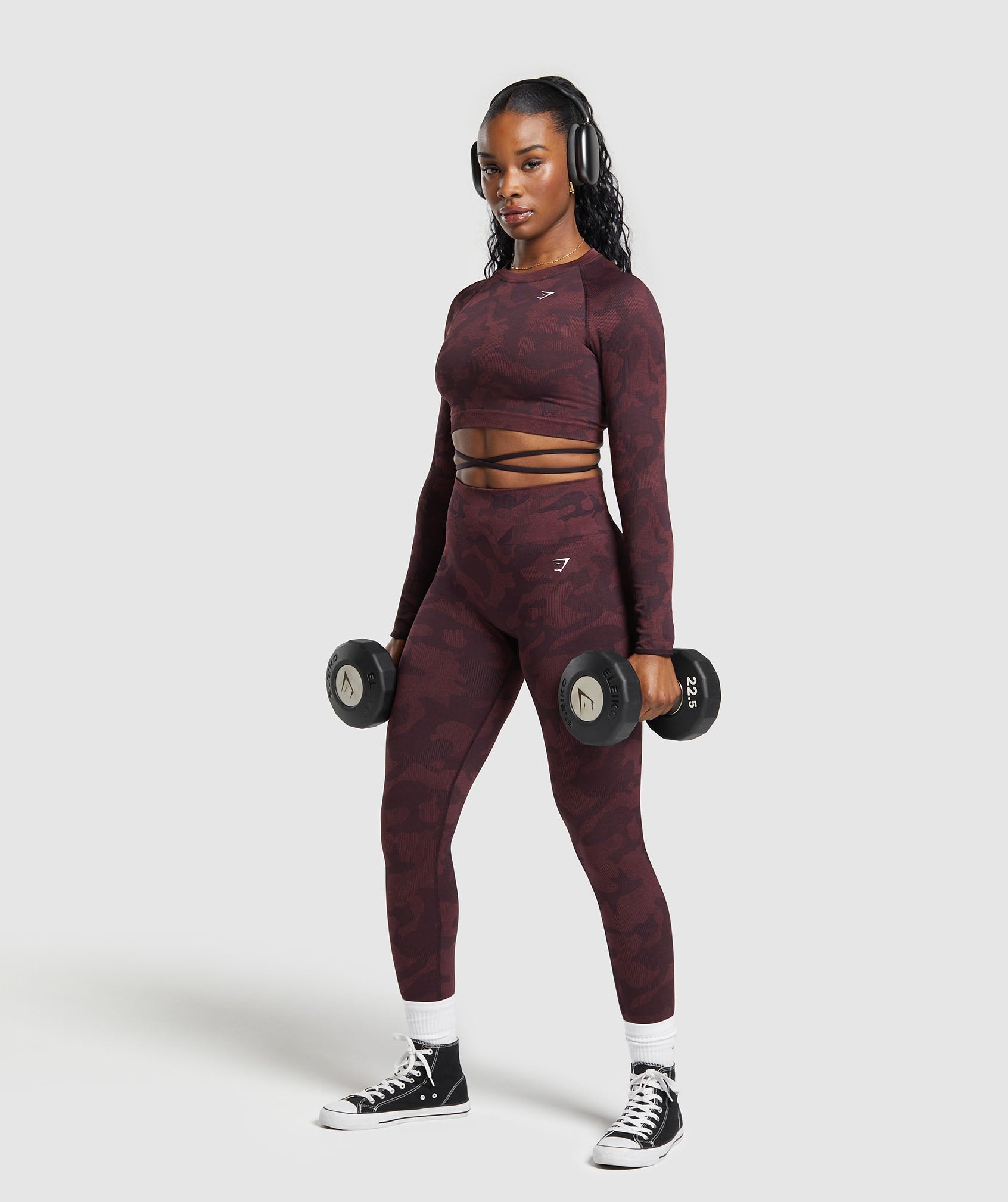 Adapt Camo Seamless Long Sleeve Crop Top - Plum Brown/Burgundy Brown