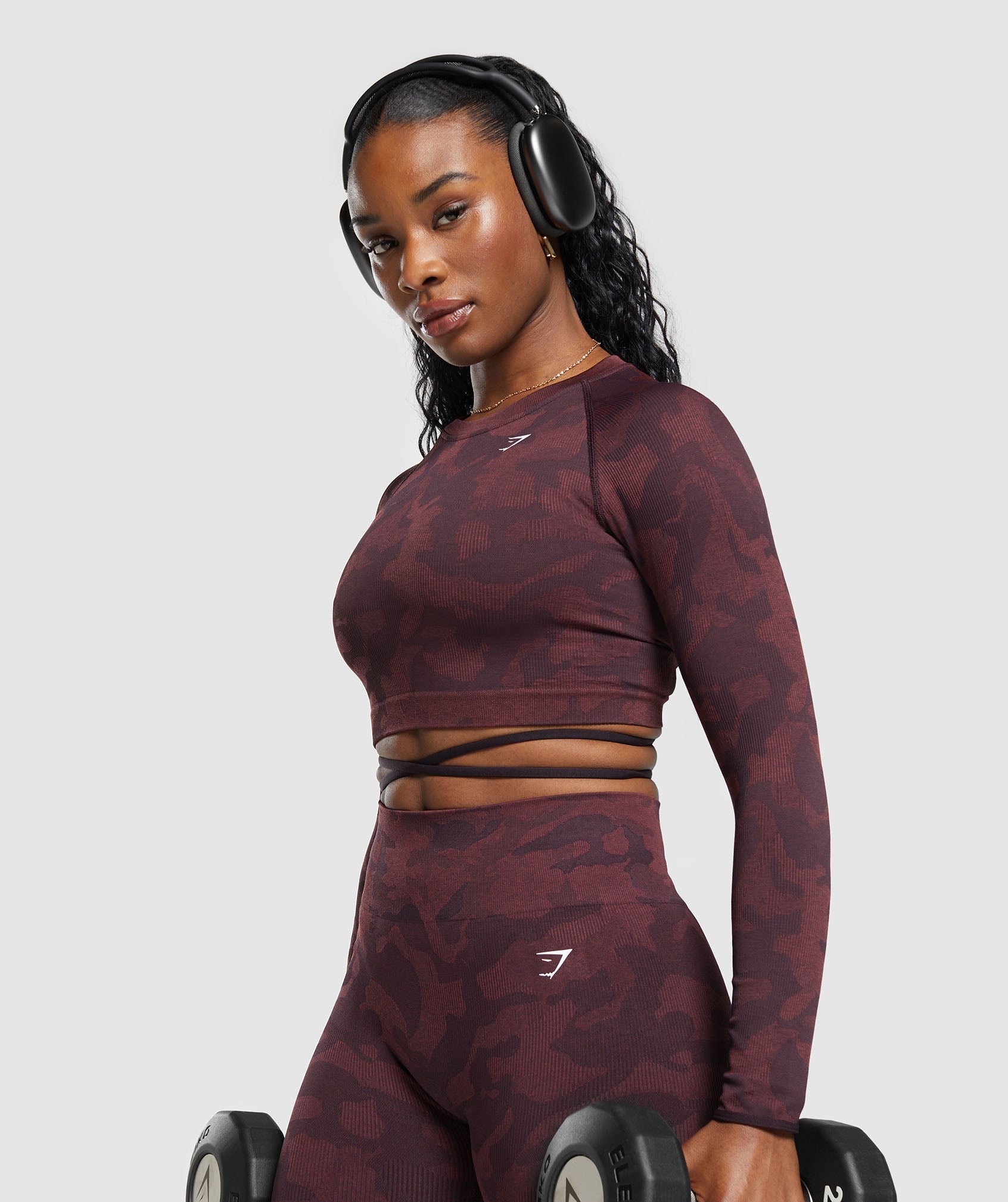 Adapt Camo Seamless Long Sleeve Crop Top - Plum Brown/Burgundy Brown