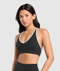 Contrast Trim Halter Neck Sports Bra - Black/Oat White