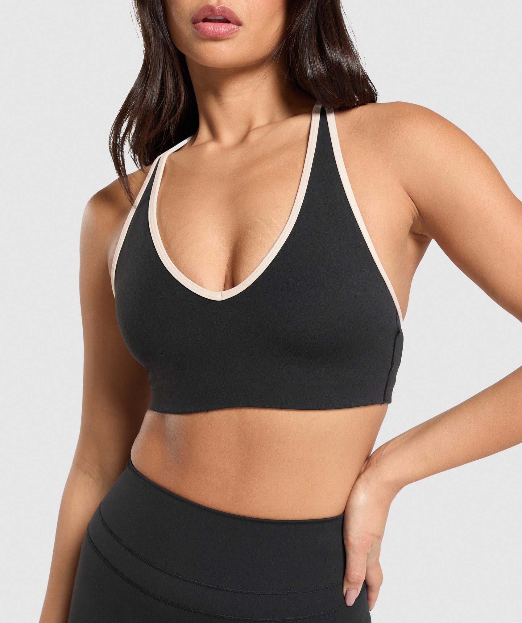 Contrast Trim Halter Neck Sports Bra - Black/Oat White