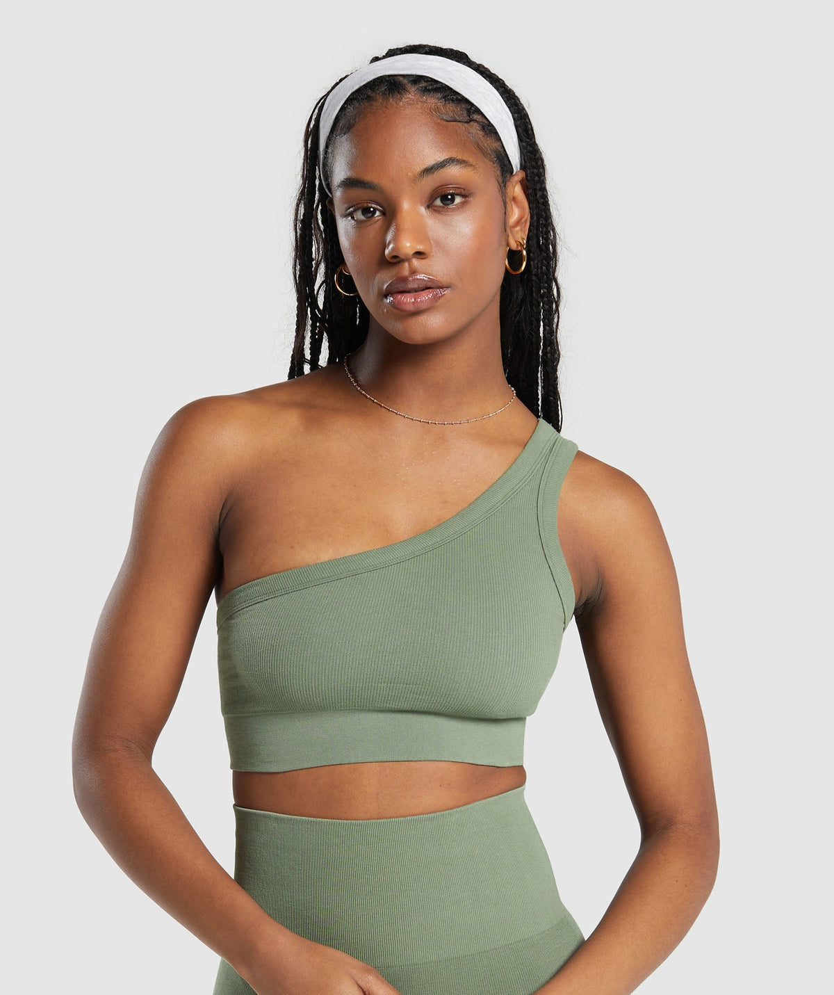 Ribbed Cotton Seamless One Shoulder  Bra - Base Green