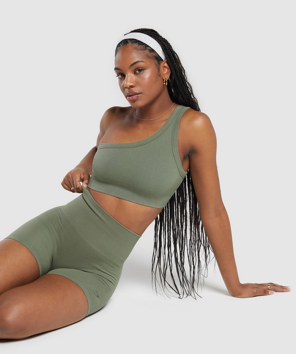 Ribbed Cotton Seamless One Shoulder  Bra - Base Green