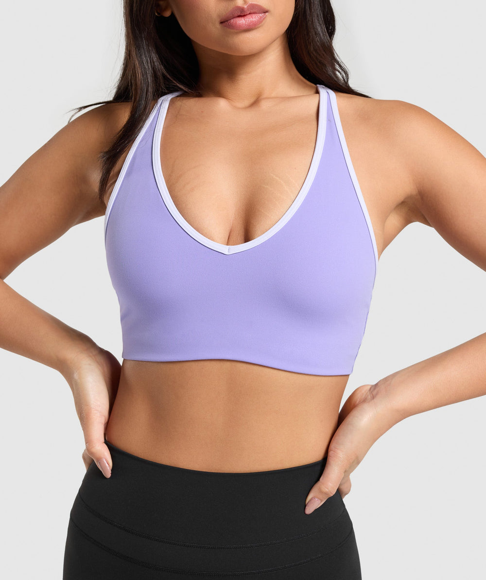 Contrast Trim Halter Neck Sports Bra - Record Purple/Fresh Lilac
