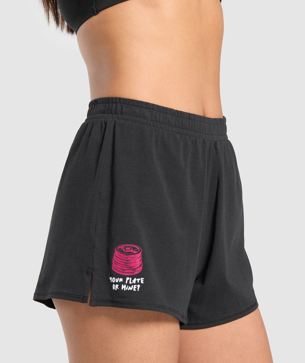 Your Plate or Mine Cotton Shorts - Black