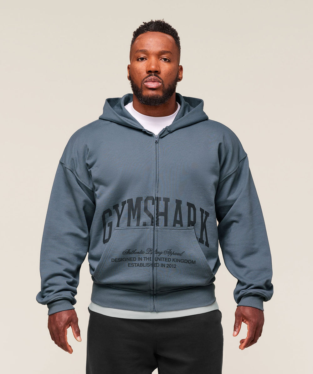 Collegiate Script Zip Up Hoodie - Iron Blue