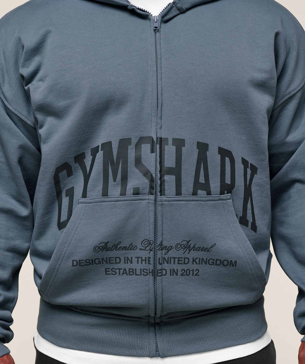 Collegiate Script Zip Up Hoodie - Iron Blue