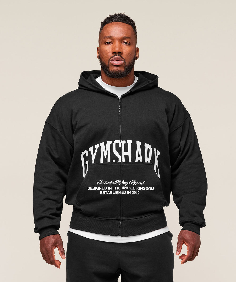 Collegiate Script Zip Up Hoodie - Black/White